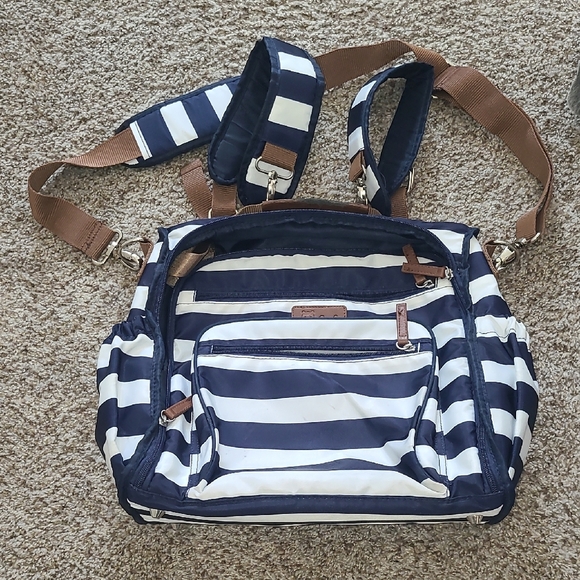 Hip Cub Navy and White Striped Bag with Brown Accents - Picture 1 of 11